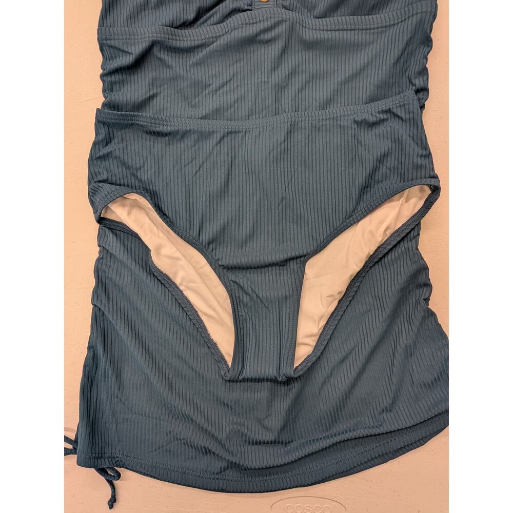 Women’s Blue Ribbed Tankini Swimsuit Set Size M High Waisted Bottom